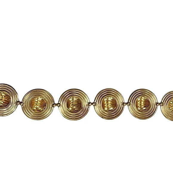 Vintage Jewelry - Vintage Round Panel Link Bangle Bracelet Gold Tone Spring Ring Closure